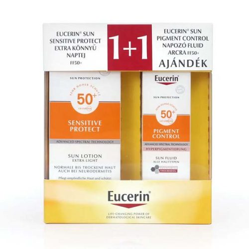Eucerin Sun Sensitive Protect Extra könnyű naptej (150 ml) +Pigment Control napozó fluid arcra (50 ml)