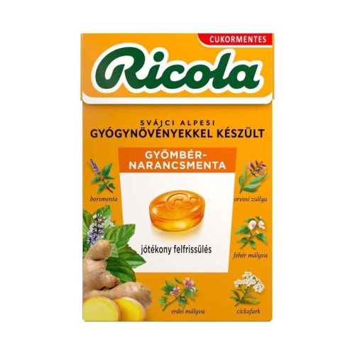 Ricola gyömbér-narancsmenta ízű gyógynövényes cukorka (40 g)