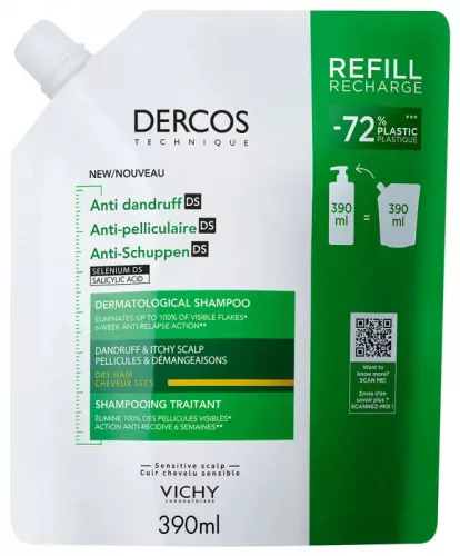 Vichy Dercos Korpásodás Elleni Sampon Utántöltő - száraz hajra (390 ml)